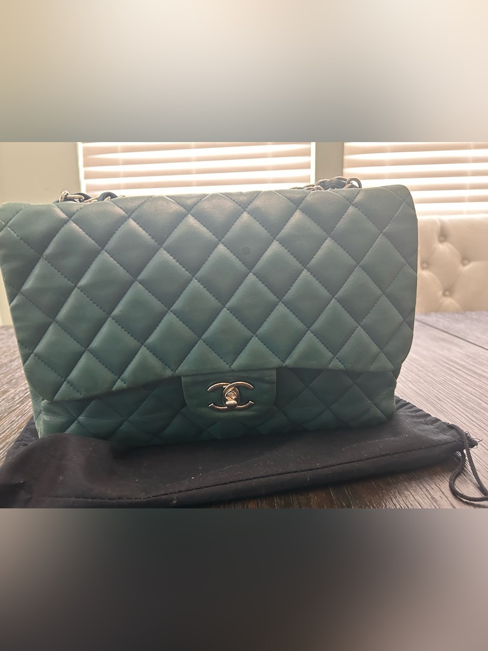 CHANEL Maxi Quilted Shoulder Bag in Teal Green with Silver Hardware